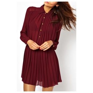 SOLD OFF APP • Pleated Long Sleeve Burgundy Swing Dress